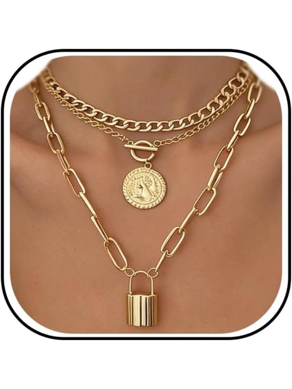 Women's Lock Chunky Vintage Gold Layered Set Cuban Link Chain Necklace